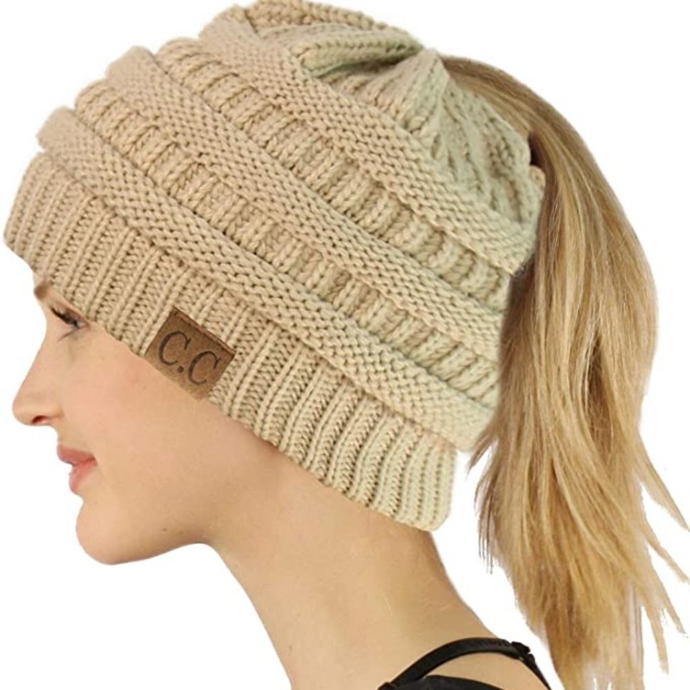 C&C Messy bun Beanie in beige - NWT